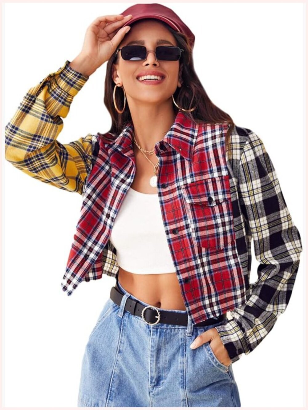 Cute Color Block Long Sleeve Crop Tops Plaid Button Down Blouse